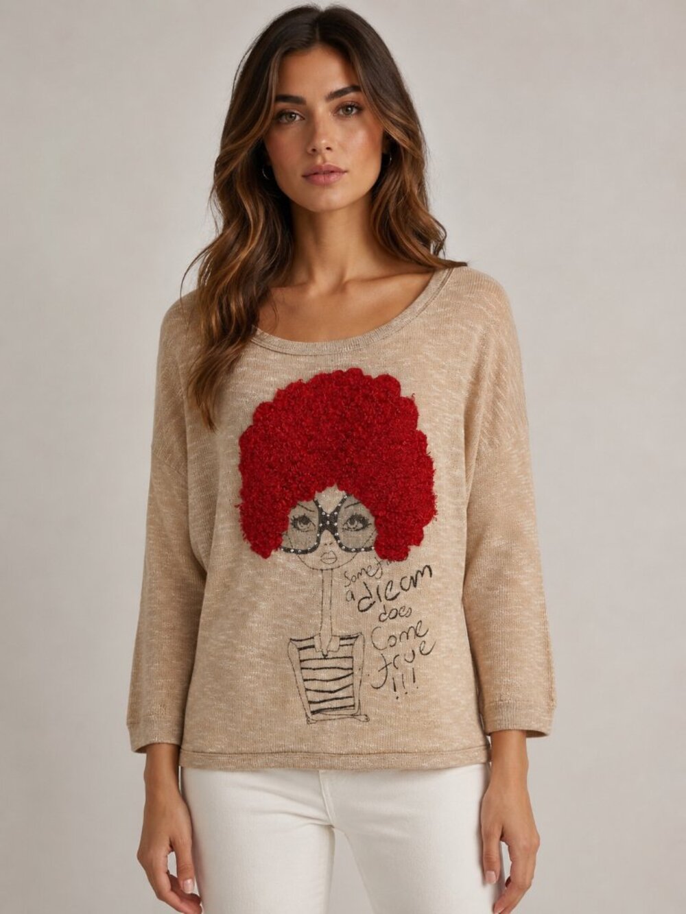BLUSH Women’s Graphic Sweater Top Beige Red Afro “Dream Come True” Estimated M